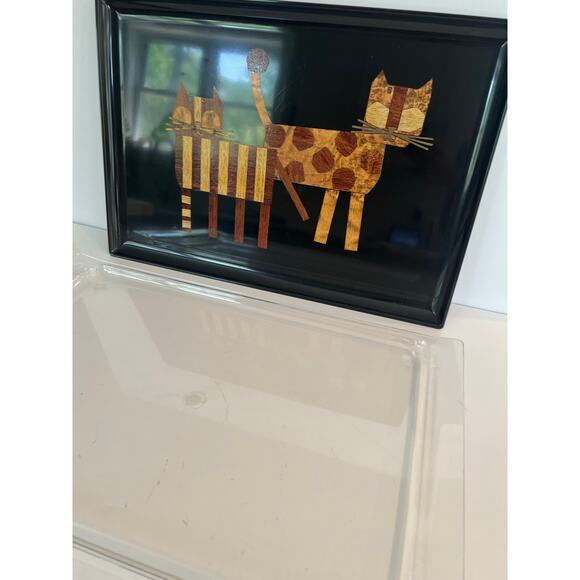 NEW Vtg 1960s COUROC Two Cat MCM Wood Brass Inlay Handcrafted Serving Tray JL - Picture 2 of 11